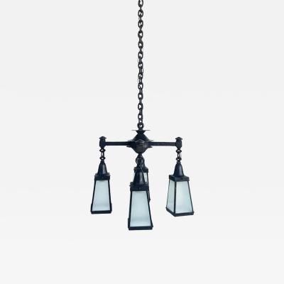 Arts and Crafts Wrought Iron Glass 4 Lantern Chandelier With Canopy