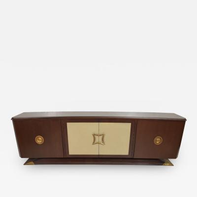 Arturo Pani ARTURO PANI Stately Mahogany Credenza Creamy Leather Brass Plinth Base