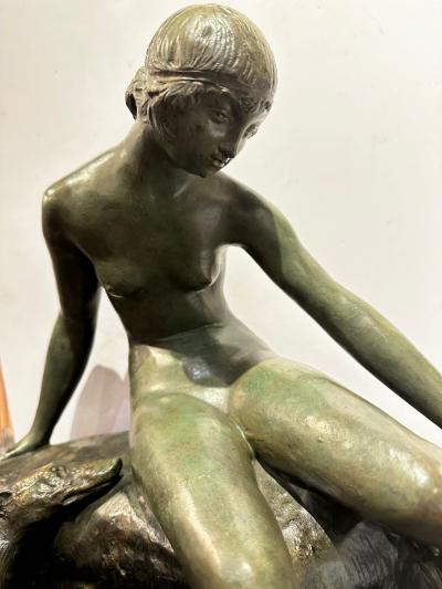 Ary Bitter Bronze Sculpture of Diana with 2 Greyhounds in Nature