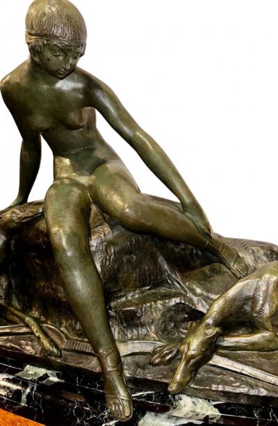 Ary Bitter Bronze Sculpture of Diana with 2 Greyhounds in Nature