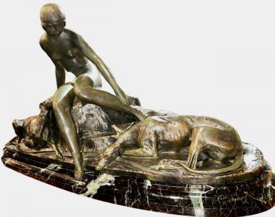 Ary Bitter Bronze Sculpture of Diana with 2 Greyhounds in Nature