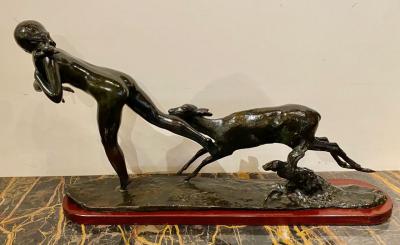 Ary Jean Leon Bitter Ary Bitter Bronze Art Deco Sculpture Woman Running with Lambs