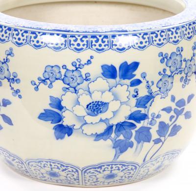 Asian Blue and White Porcelain Planter Fish Bowl Late 20th Century
