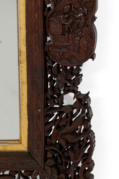 Asian Burmese Style Teak Filigree Wall Mirror