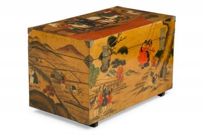 Asian Chinese Box Hand Painted with Depiction of a Village Gathering