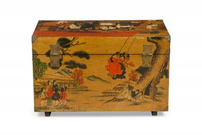 Asian Chinese Box Hand Painted with Depiction of a Village Gathering