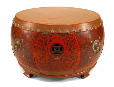 Asian Chinese Style Red Coromandel Drum Coffee Table