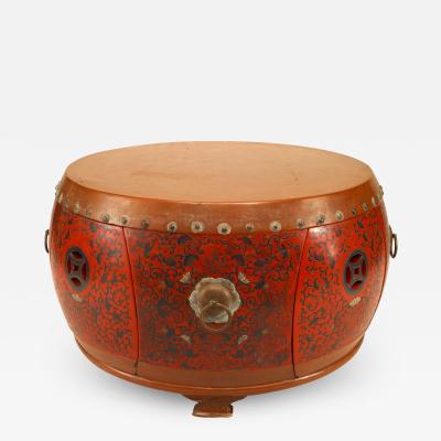 Asian Chinese Style Red Coromandel Drum Coffee Table