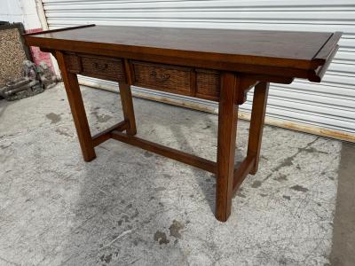 Asian Inspired Oak Flip Top 2 Drawer Desk Console Table w Rattan Front