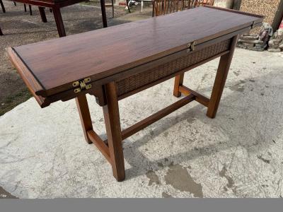 Asian Inspired Oak Flip Top 2 Drawer Desk Console Table w Rattan Front