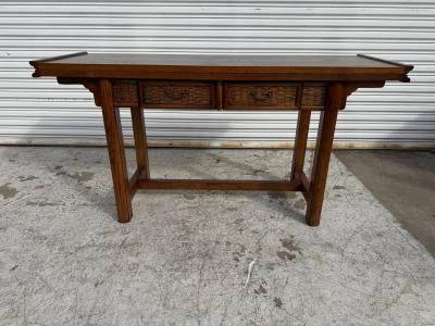 Asian Inspired Oak Flip Top 2 Drawer Desk Console Table w Rattan Front