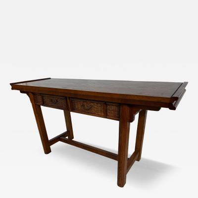 Asian Inspired Oak Flip Top 2 Drawer Desk Console Table w Rattan Front