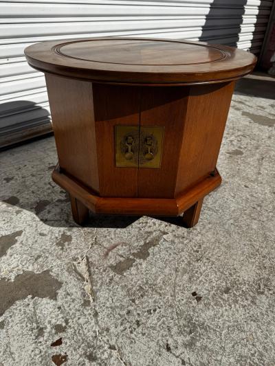 Asian Inspired Walnut Hexagon Shaped Cabinet with Round Top