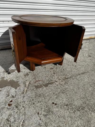 Asian Inspired Walnut Hexagon Shaped Cabinet with Round Top