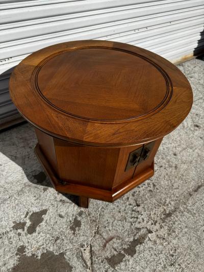 Asian Inspired Walnut Hexagon Shaped Cabinet with Round Top