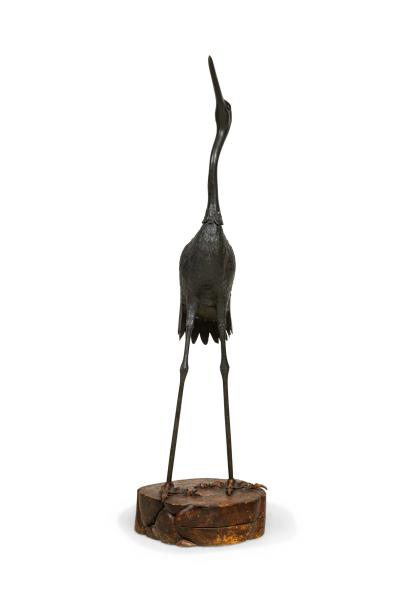 Asian Japanese iron life size figure of heron standing on round base