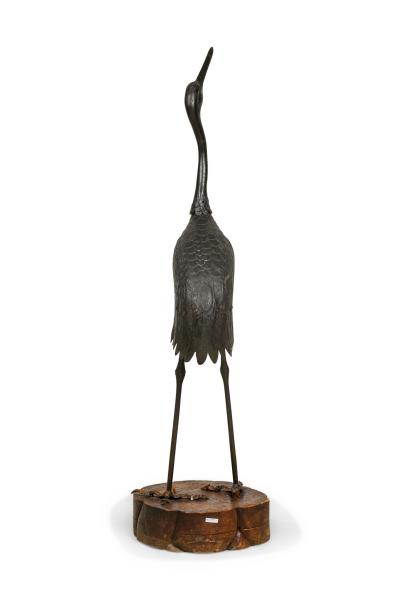Asian Japanese iron life size figure of heron standing on round base