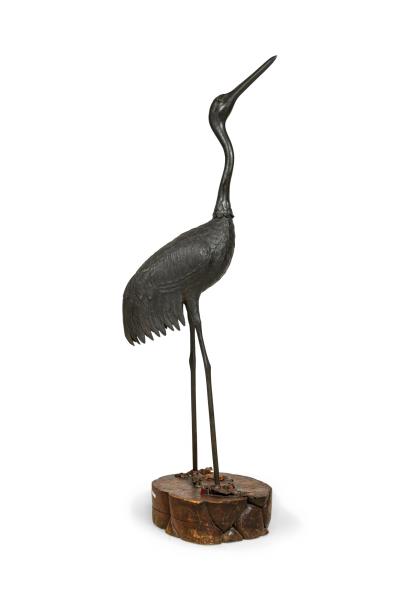 Asian Japanese iron life size figure of heron standing on round base