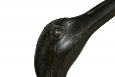 Asian Japanese iron life size figure of heron standing on round base