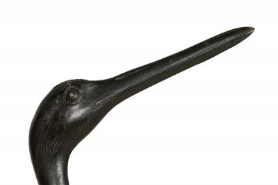 Asian Japanese iron life size figure of heron standing on round base