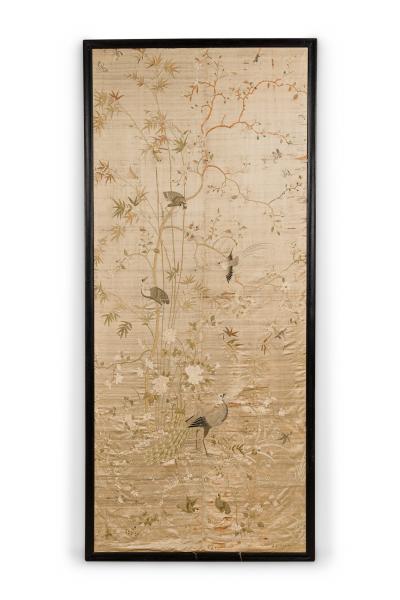 Asian Japanese style 19th Cent vertical cream colored silk embroidered wall ha
