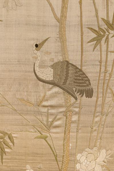 Asian Japanese style 19th Cent vertical cream colored silk embroidered wall ha