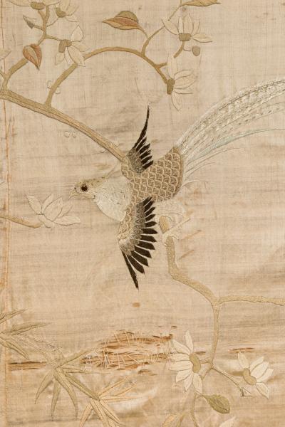 Asian Japanese style 19th Cent vertical cream colored silk embroidered wall ha