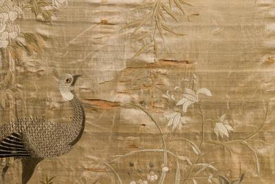 Asian Japanese style 19th Cent vertical cream colored silk embroidered wall ha