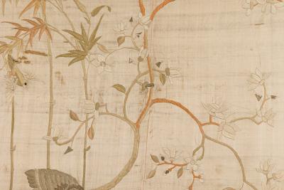 Asian Japanese style 19th Cent vertical cream colored silk embroidered wall ha
