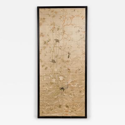 Asian Japanese style 19th Cent vertical cream colored silk embroidered wall ha