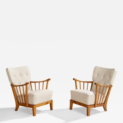 Asko Lounge Chairs with Birch and Fabric Finland 1940s