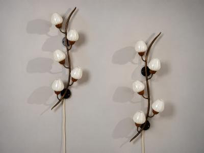 Astra Monumental Floral Sconces Copper Brass Glass Norway 1940s