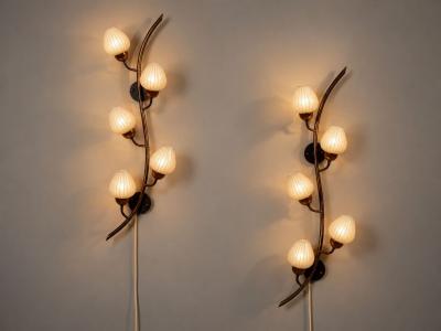 Astra Monumental Floral Sconces Copper Brass Glass Norway 1940s