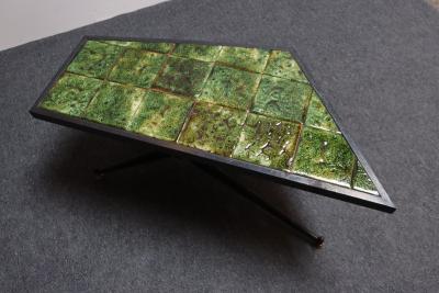 Asymmetrical French Modern Iron and Green Tile Swiveling Coffee Cocktail Table