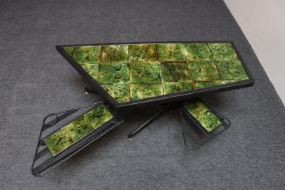 Asymmetrical French Modern Iron and Green Tile Swiveling Coffee Cocktail Table