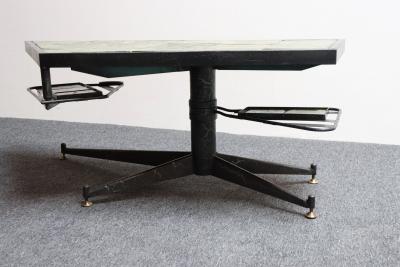 Asymmetrical French Modern Iron and Green Tile Swiveling Coffee Cocktail Table