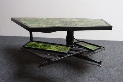Asymmetrical French Modern Iron and Green Tile Swiveling Coffee Cocktail Table