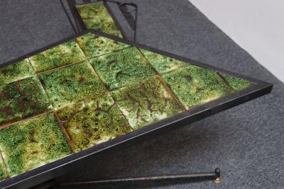 Asymmetrical French Modern Iron and Green Tile Swiveling Coffee Cocktail Table