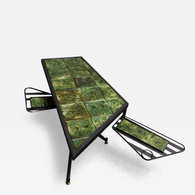 Asymmetrical French Modern Iron and Green Tile Swiveling Coffee Cocktail Table