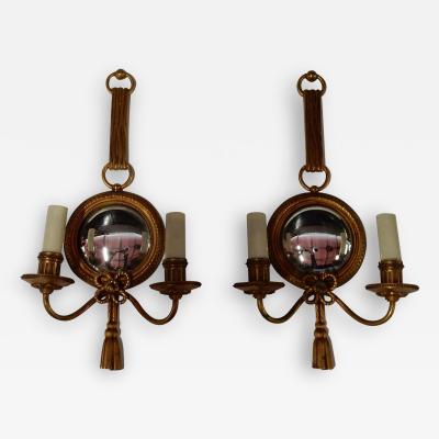 Atelier Petitot 1950 1970 Pair of Sconces in Gilted Bronze with Convex Mirror Petitot Signed