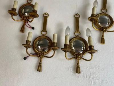 Atelier Petitot 1950 70 2 Pairs of Sconces in Gilted Bronze With Convex Mirror Petitot Signed