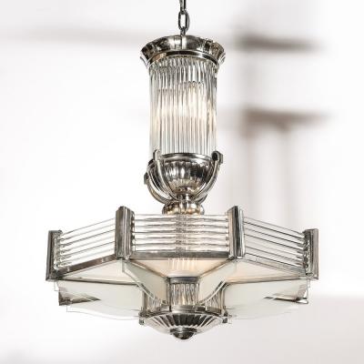 Atelier Petitot Art Deco Chandelier in Satin Nickel Transparent Glass Rods by Atelier Petitot