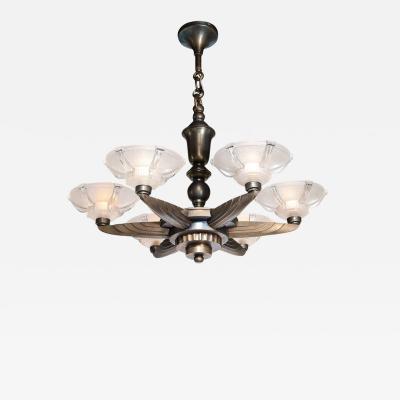 Atelier Petitot Art Deco Five Arm Bronze and Frosted Glass Chandelier by Petitot