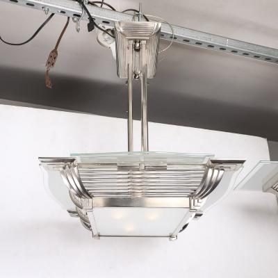 Atelier Petitot Art Deco Machine Age Silvered Bronze Frosted Glass Chandelier signed Petitot