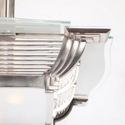 Atelier Petitot Art Deco Machine Age Silvered Bronze Frosted Glass Chandelier signed Petitot