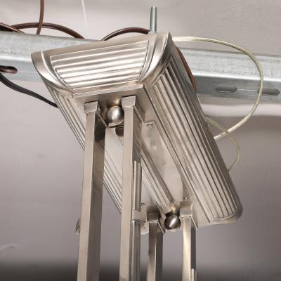 Atelier Petitot Art Deco Machine Age Silvered Bronze Frosted Glass Chandelier signed Petitot