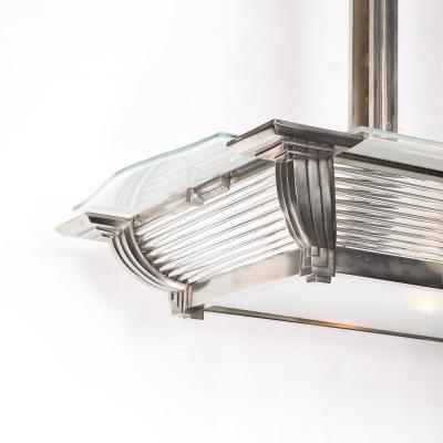 Atelier Petitot Art Deco Machine Age Silvered Bronze Frosted Glass Chandelier signed Petitot