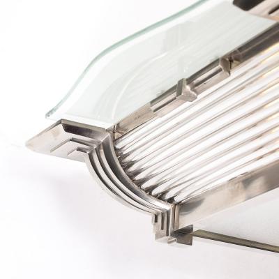 Atelier Petitot Art Deco Machine Age Silvered Bronze Frosted Glass Chandelier signed Petitot