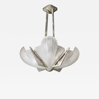 Atelier Petitot Art Deco Molded Frosted Glass Chandelier with Nickel Fittings by Petitot