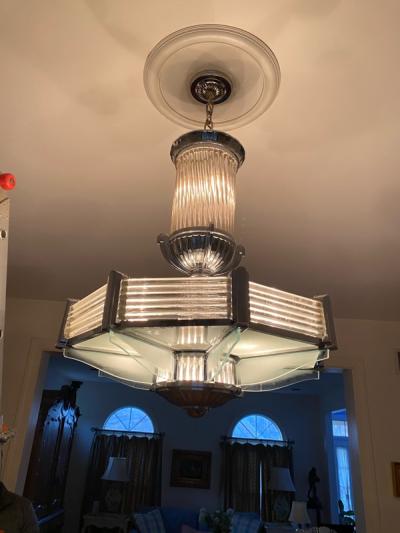 Atelier Petitot FRENCH ART DECO NICKELED BRONZE AND GLASS CHANDELIER BY ATELIER PETITOT